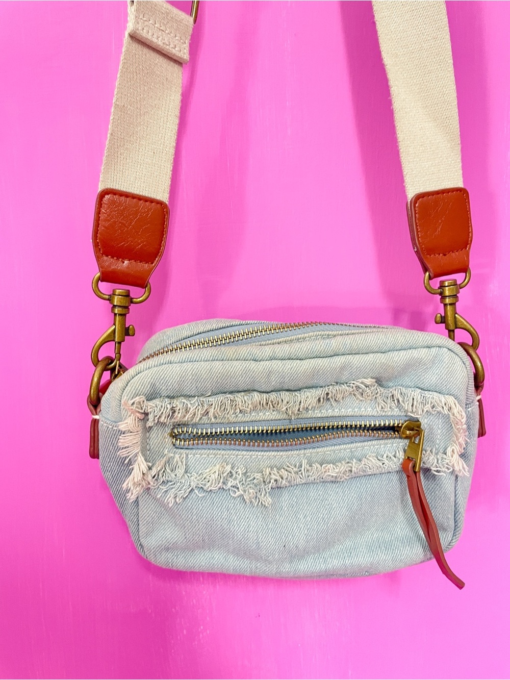 Target Light Blue Denim Crossbody with Cream Strap and Brown Leather Accents